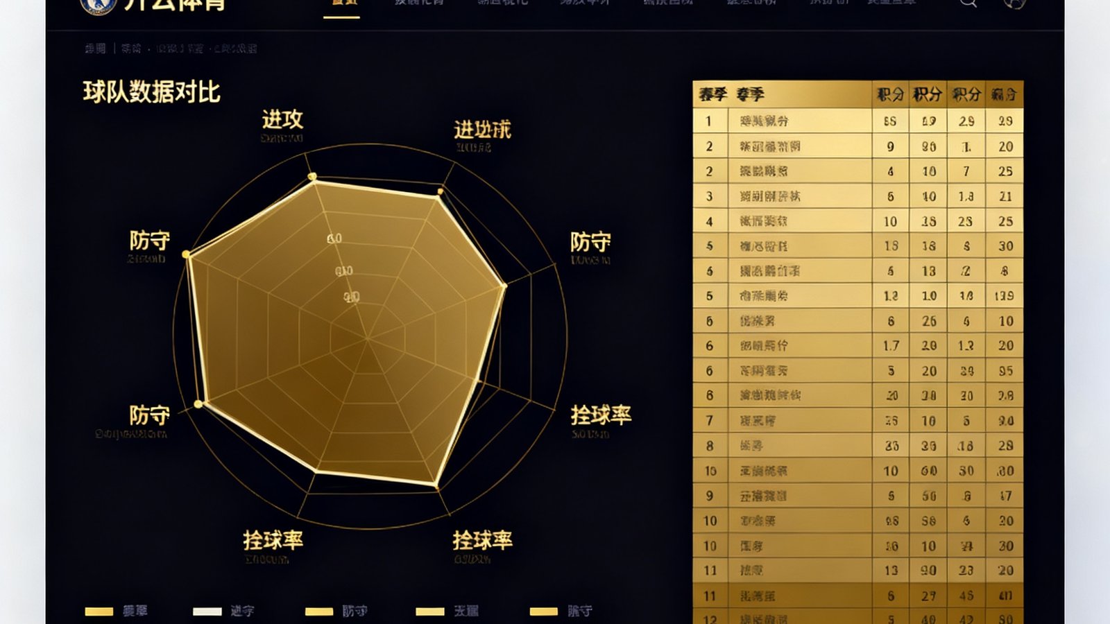 开云体育深度数据统计页面，左侧为球队雷达对比图展示多项指标差异，右侧为赛季积分榜表格，数据以金色和深色主题呈现