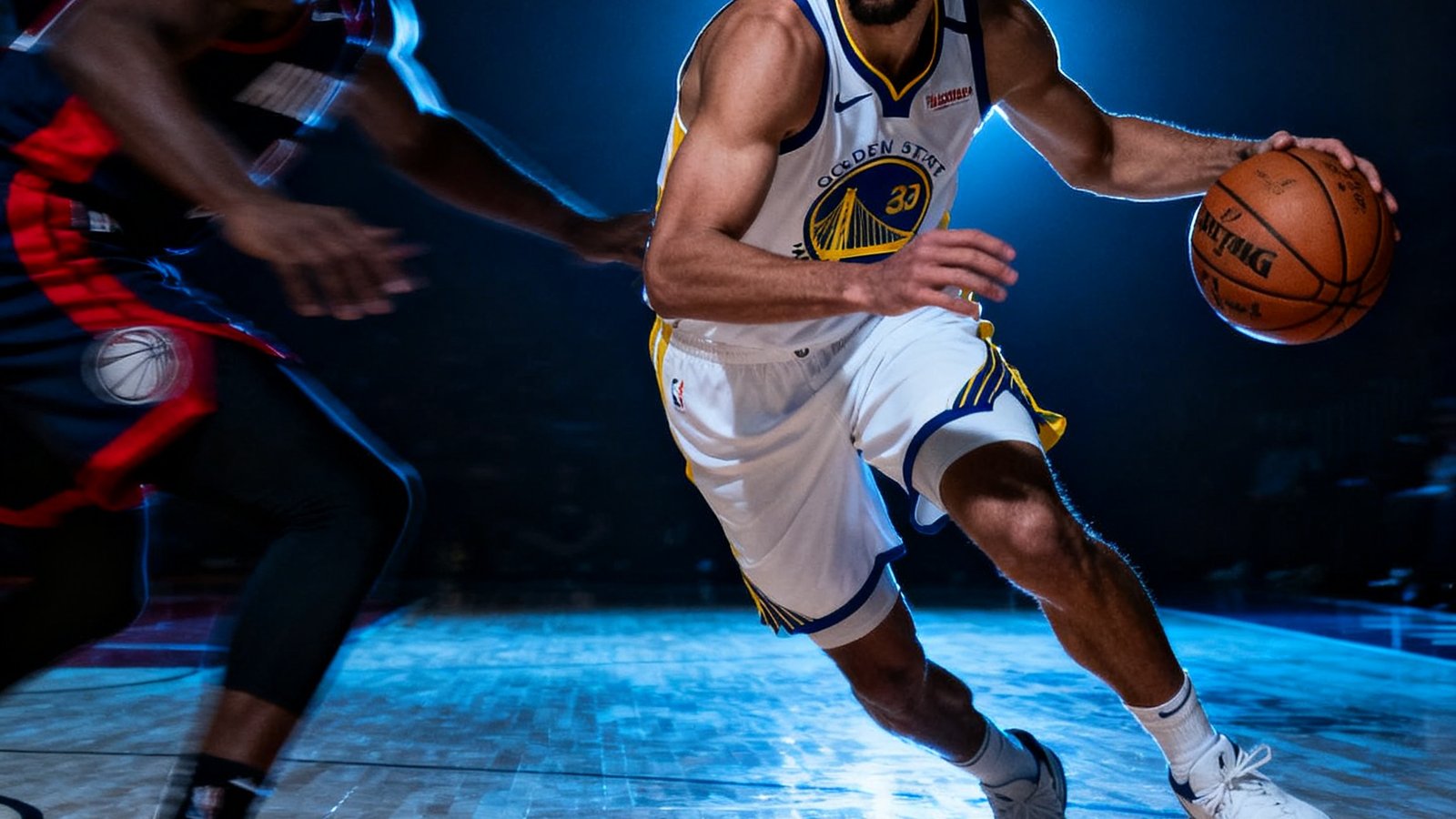 NBA冬季转会窗口新闻配图，一名球员在球场聚光灯下持球突破防守，画面突出球员动态与紧张氛围，象征转会市场的激烈竞争